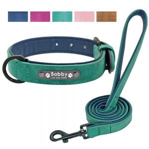 Personalized Leather Dog Collar with Leash